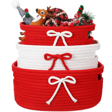 Breling 3 Pieces Christmas Gift Basket Coquette Bow Laundry Hamper Cotton Rope Storage Woven Rope Bin with Handles for Decoratio