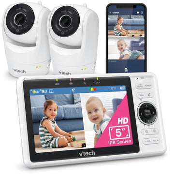 Vtech Upgraded 2-Cameras Smart Wifi Baby Monitor With 1080P Fhd Video And 5' Hd Screen, Free App With Motion Video, Sound/Motio
