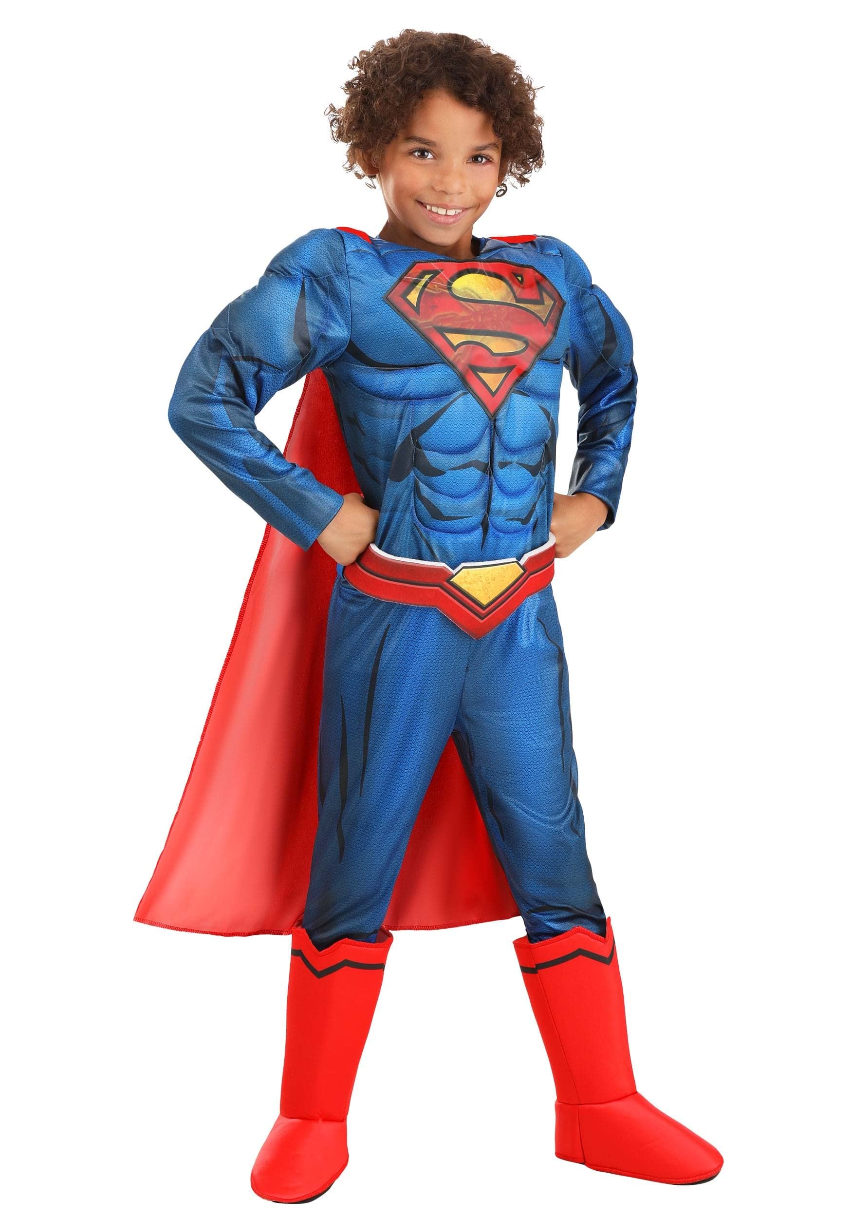 DC Comics Deluxe Superman Kids Costume with Cape, Muscle Padded Jumpsuit & Holographic S, Boot Covers & Belt L