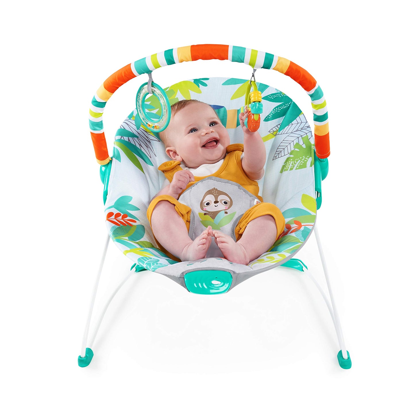 Bright Starts Rainforest Vibes 3-Point Harness Vibrating Baby Bouncer With-Toy Bar