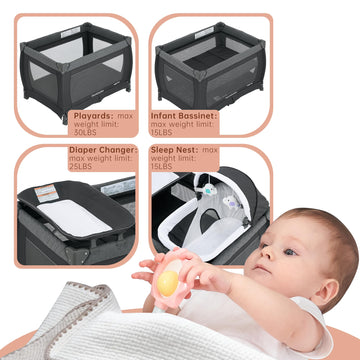 Pamo Babe Playard Magic Fold Playpen Foldable Playard For Baby Portable Playpen Deluxe Nursery Center With Newborn Bassinet Infa
