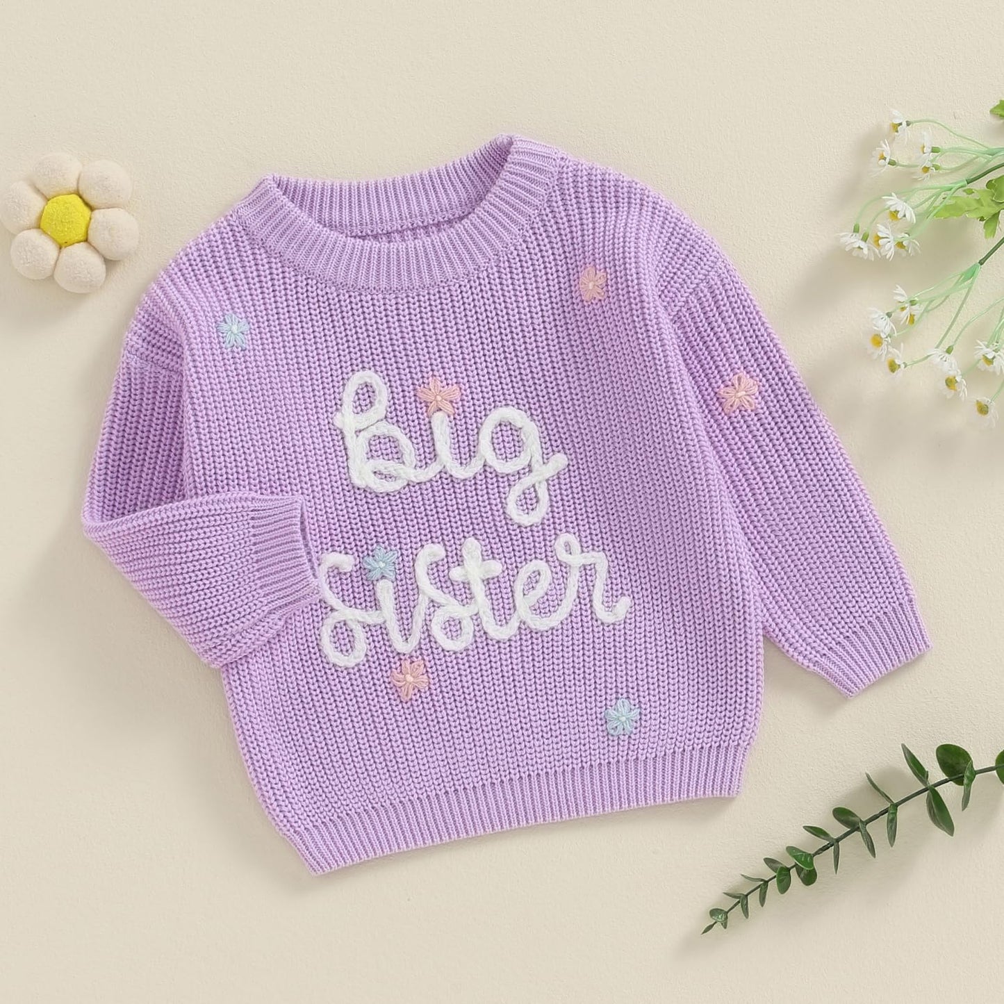 Toddler Infant Baby Girl Knit Sweater Big Sister Little Sister Matching Outfits Long Sleeve Pullover Sweatshirt (Purple, 18-24 M