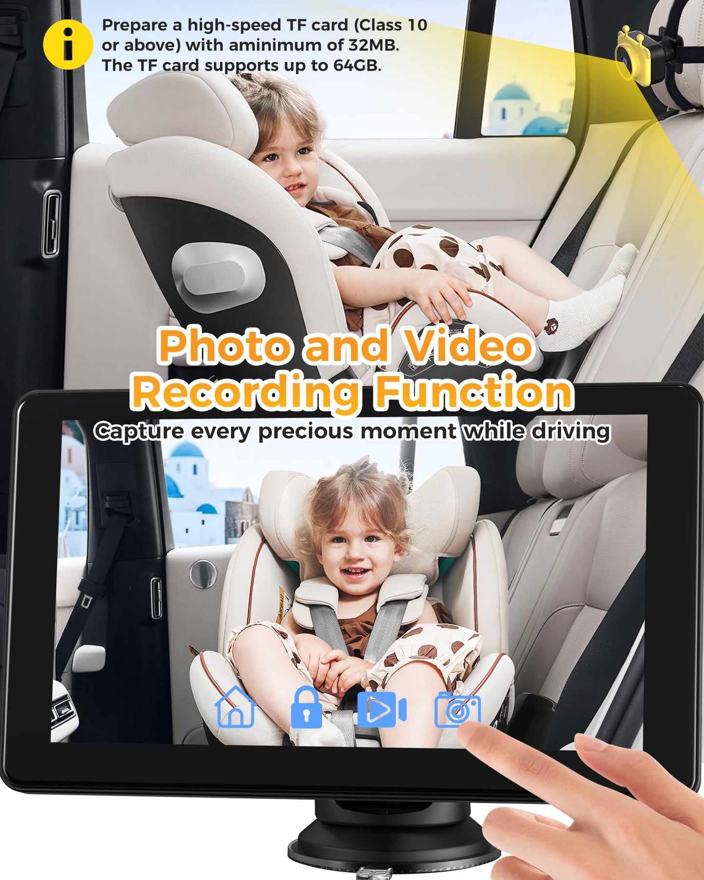 7-Inch Hd 1080P Baby Car Camera, 3X Zoom, 940Nm Night Vision, Touchscreen, Recording & Picture, Supports Tf Card (64G), Easy Ins