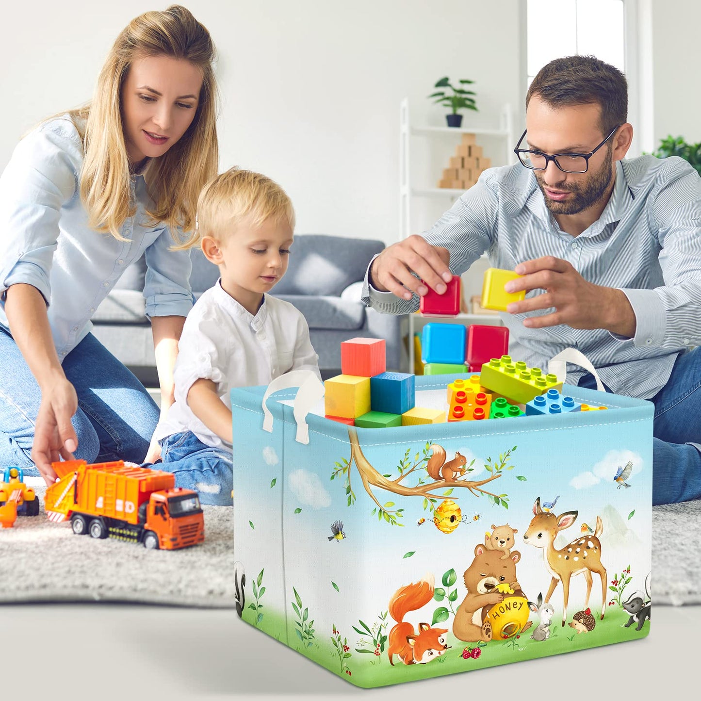 Clastyle Forest Animal Party Nursery Storage Basket Fox Bear Deer Blue Rectangle Classroom Shelf Basket Bird Squirrel Grass Clot