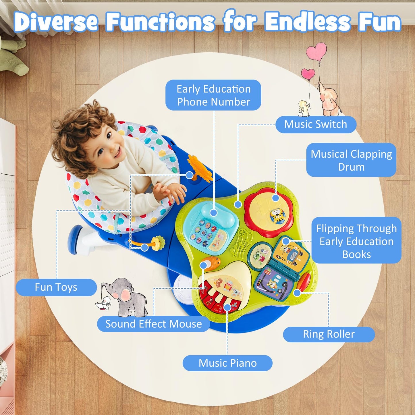 BABY JOY 3 in 1 Walk Around Baby Activity Center, Discovery Play Center with Interactive Toys & Music, Wheels, 3 Adjustable Seat