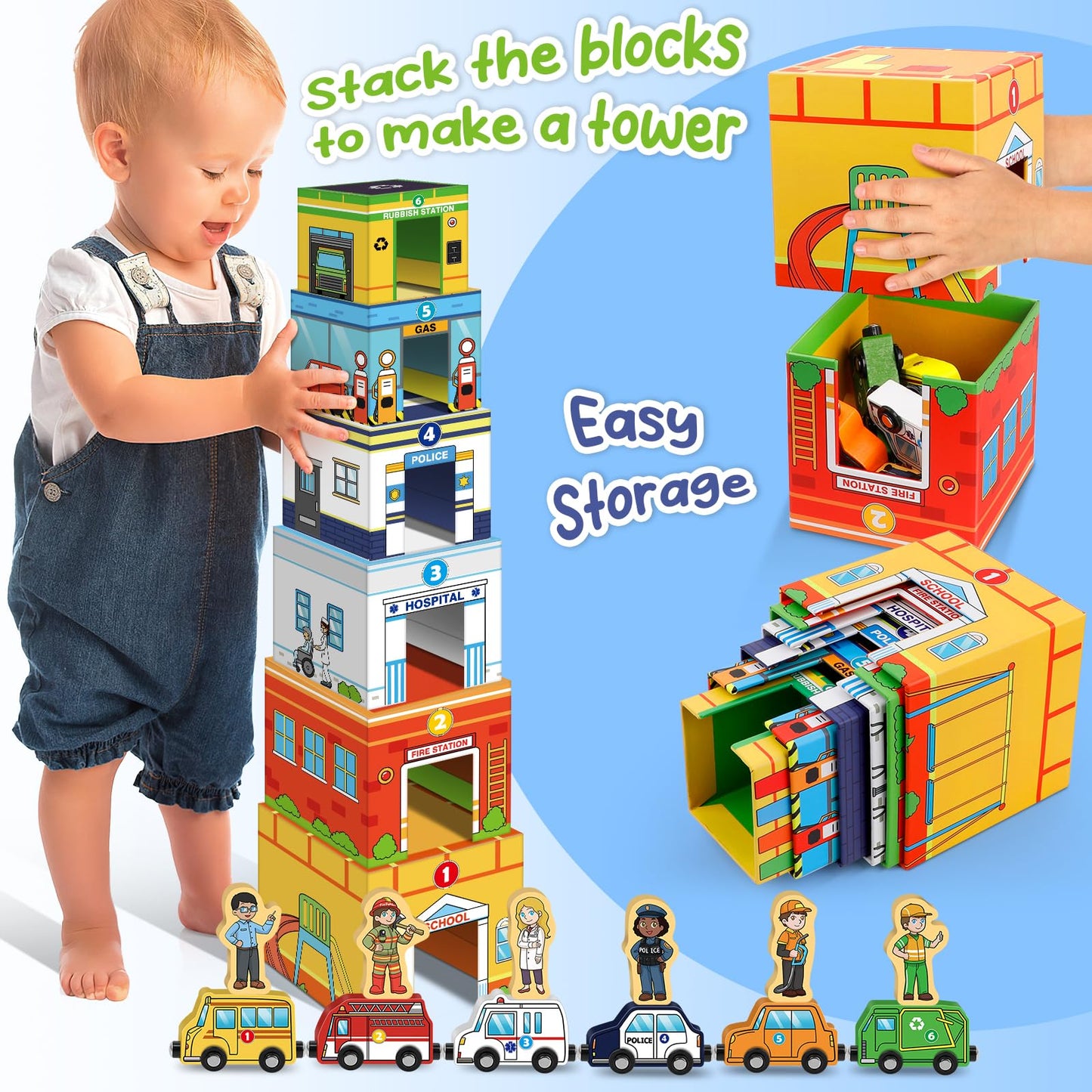 Aizweb Magnetic Wooden Vehicle Stacking Set,Sorting & Building STEM Blocks Cars Toys for Toddlers,Cardboard Educational Preschoo