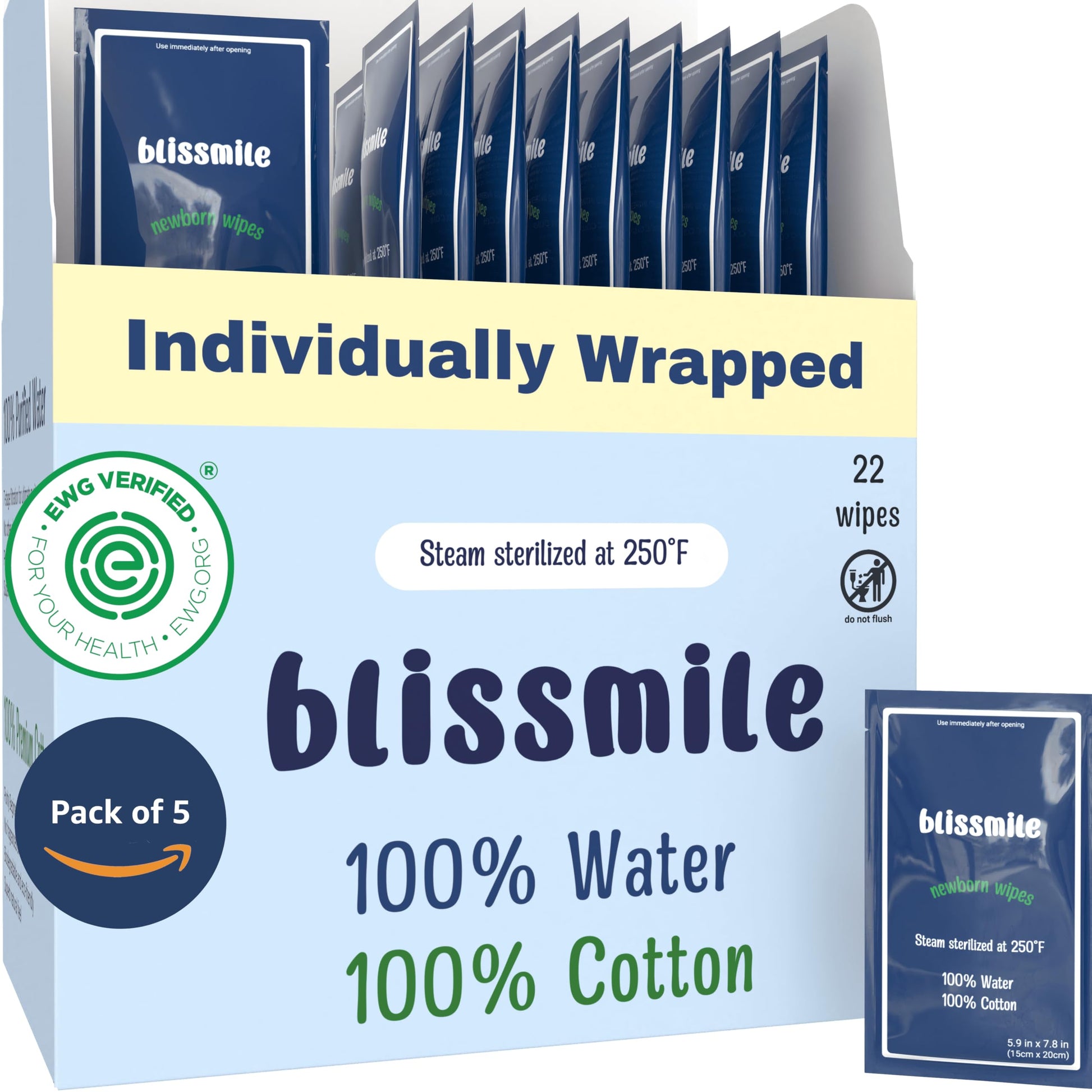 100% Water Travel Wipes Baby Safe - Individually Wrapped & Mini Purse Essentials - Unscented & Hypoallergenic For Sensitive - Cl