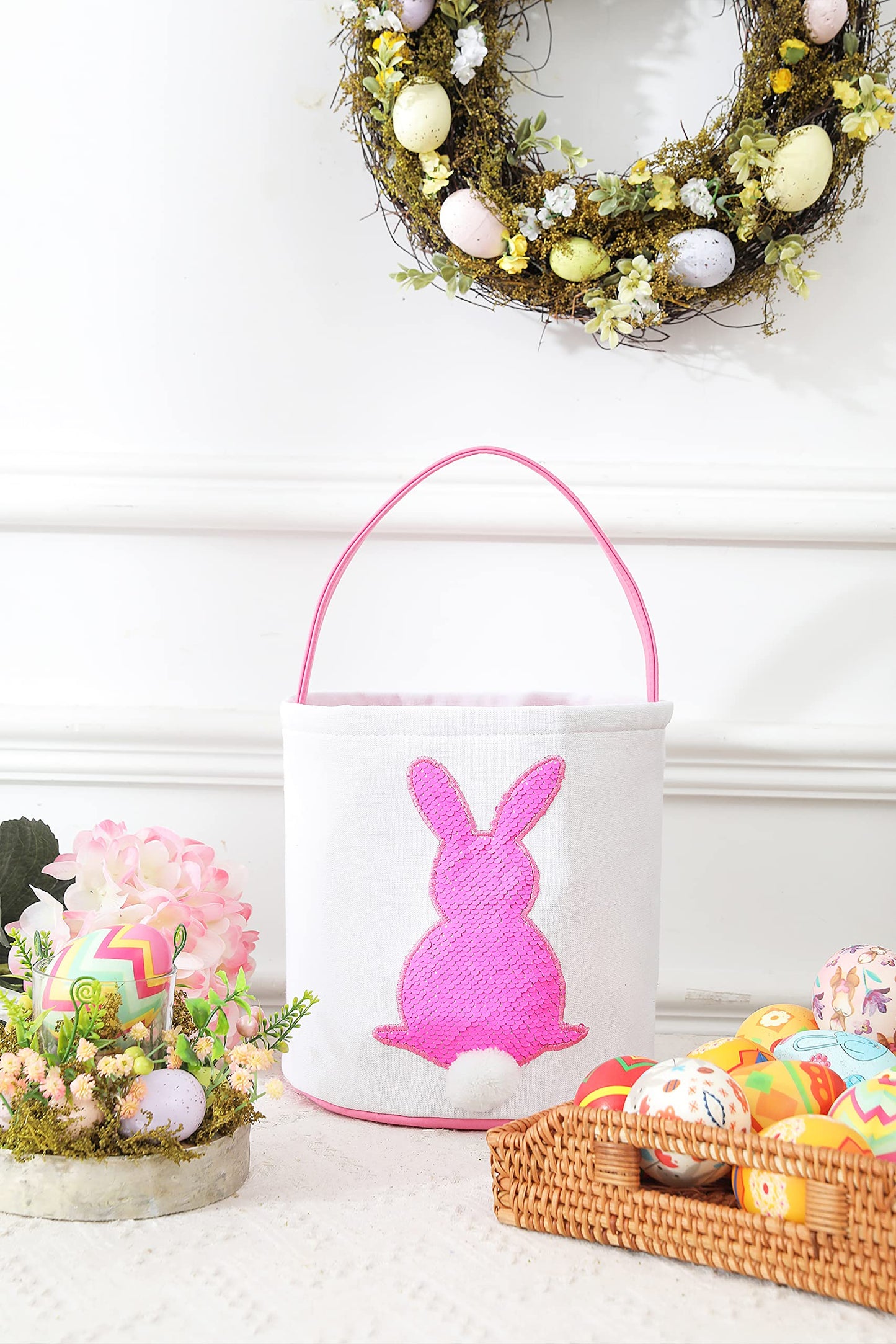 Easter Baskets For Kids - Boys And Girls Easter Egg Hunt Baskets, Cute Sequin Rabbit Bunny Printed Canvas Gift Basket For Baby,