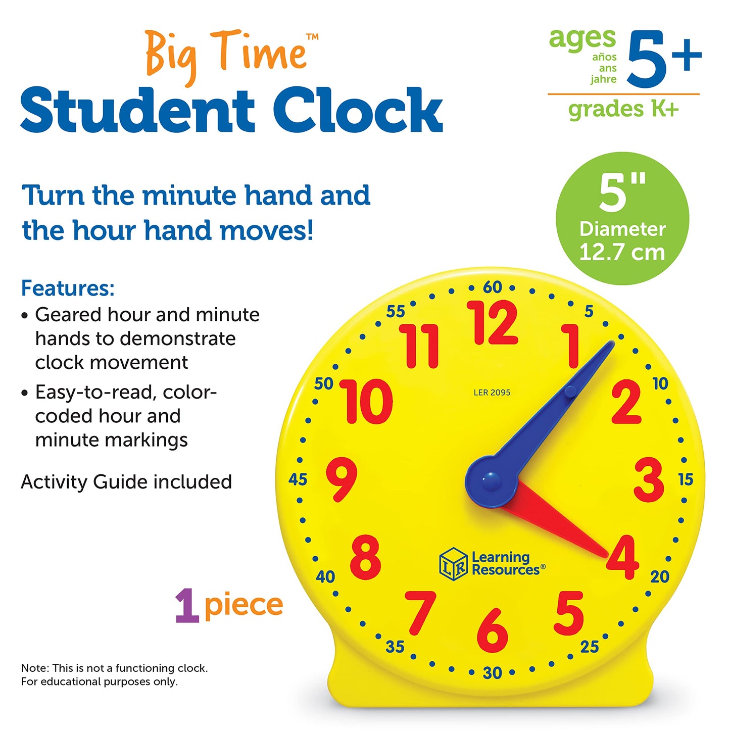 Learning Resources Big Time Student Clock, Teaching & Demonstration Clock, Develops Time and Early Math Skills, Ages 5+, Clock f