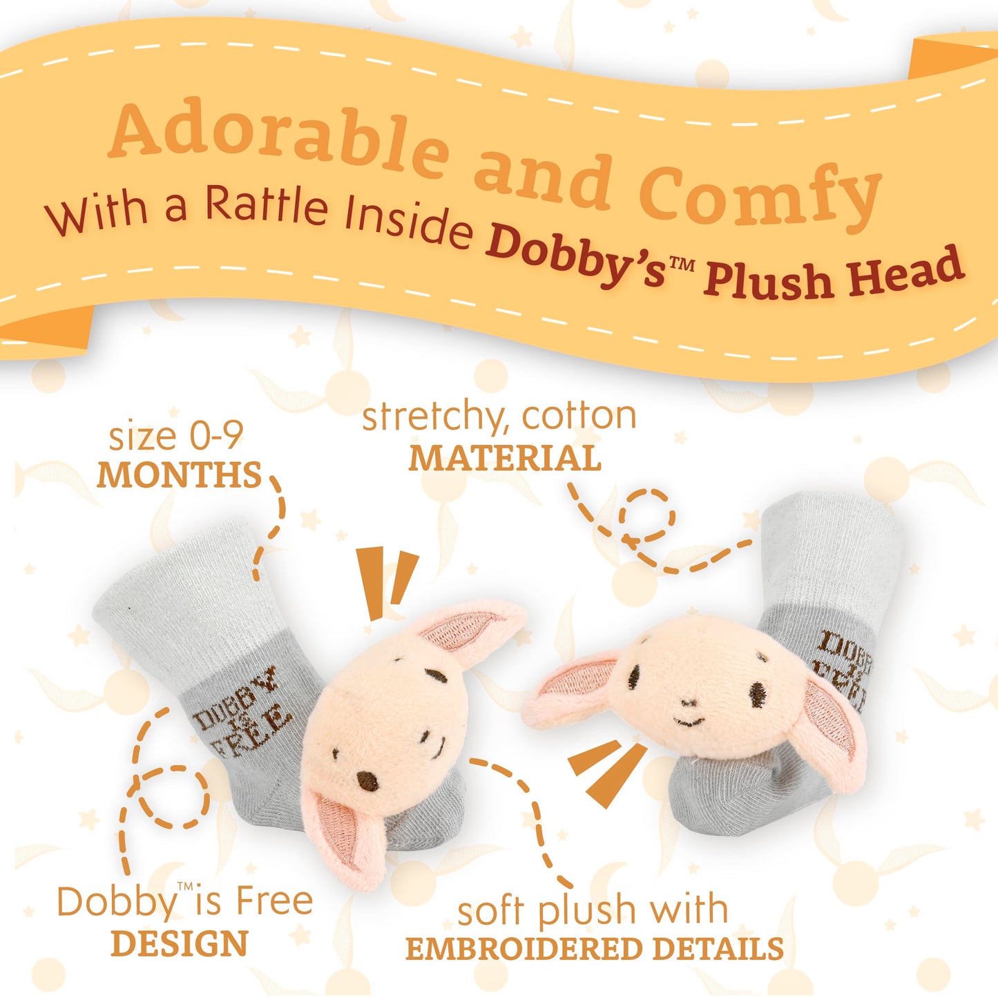 Kids Preferred Harry Potter Dobby Baby Infant Rattle Socks with Dobby Plush Rattle and Dobby is Free - Soft Baby Sock Feet Rattl