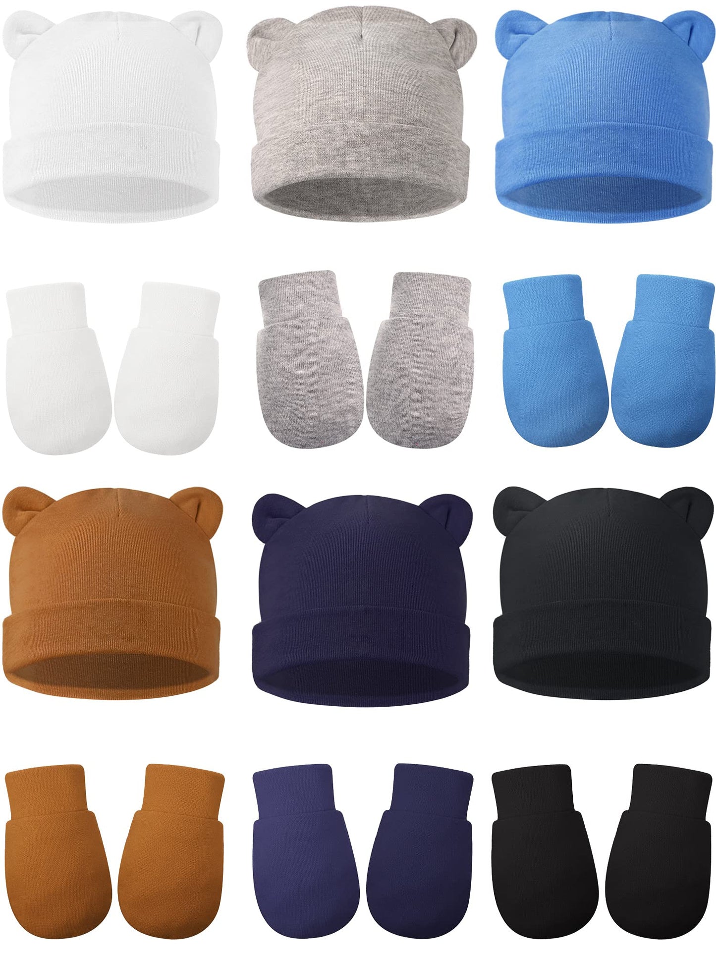 12 Sets Newborn Cotton Hospital Hat Mittens Beanie Solid Infant Baby Hats With Ear And No Scratch Mitten Soft Gloves (White, Blu