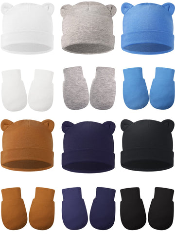 12 Sets Newborn Cotton Hospital Hat Mittens Beanie Solid Infant Baby Hats With Ear And No Scratch Mitten Soft Gloves (White, Blu