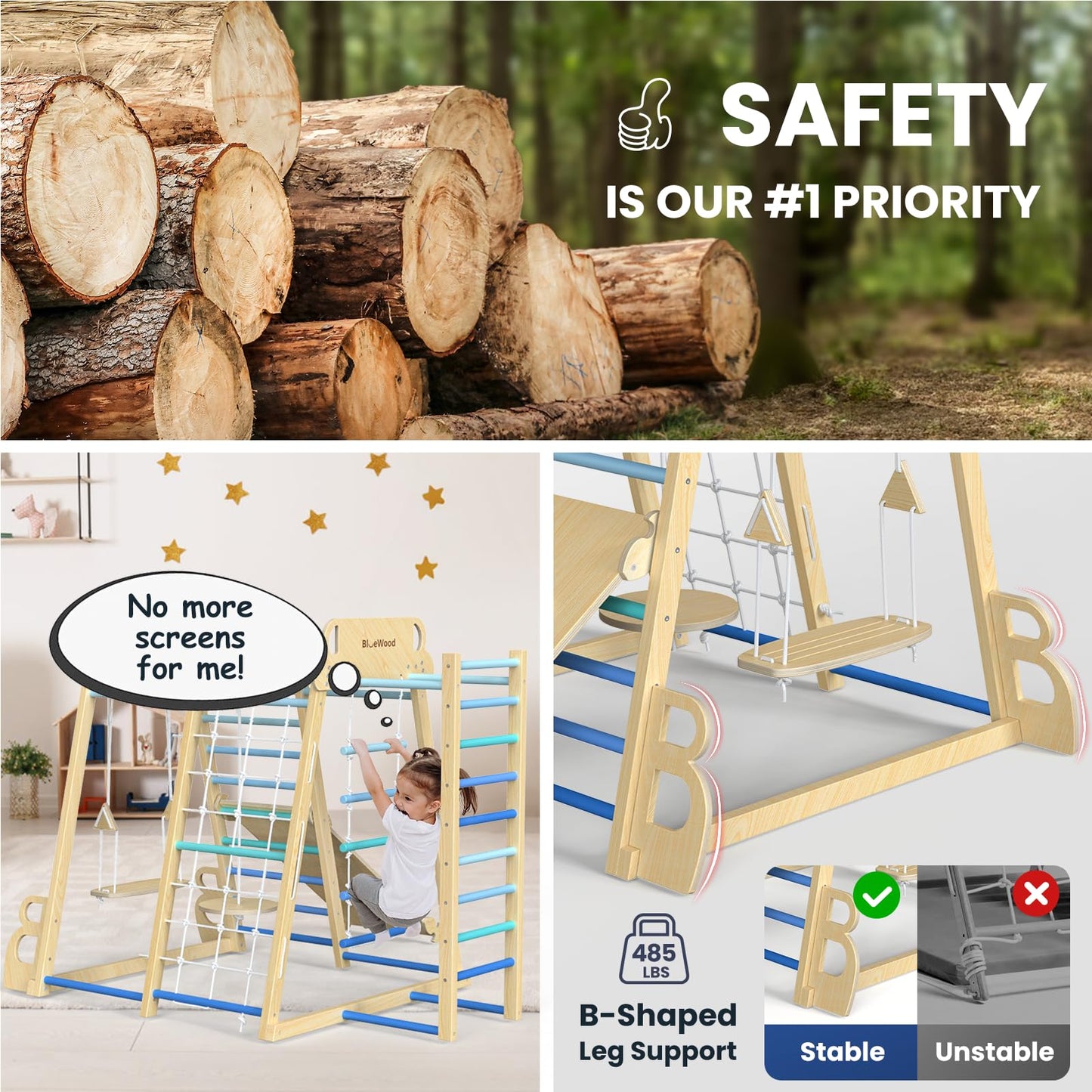 Upgraded Indoor Playground 9-In-1 Jungle Gym Kids Climbing Toys, Montessori Philosophy Waldorf Style Wooden Climber Playset With