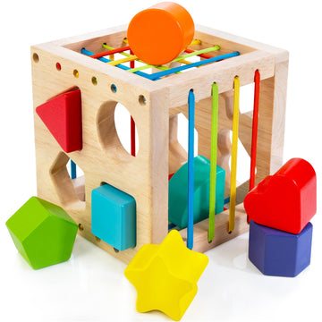 AMAWOOD Montessori Toy for Toddlers, Shape Sorter for Babies, Wooden Shape Sorting Cube with 8 Rattling Blocks Baby Toys, Educat