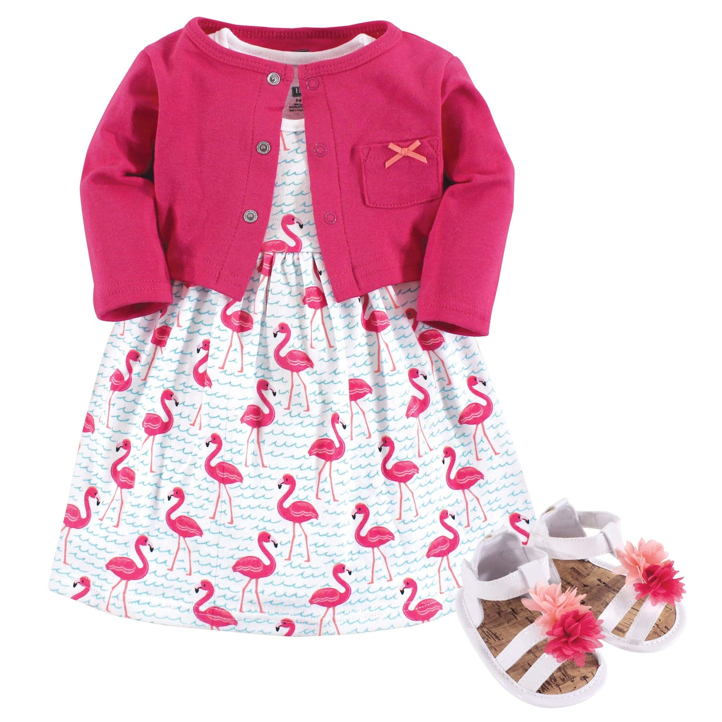 Hudson Baby Baby Girl Cotton Dress, Cardigan And Shoe Set, Bright Flamingo, 9-12 Months