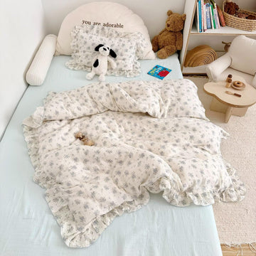 Bulutu Muslin Cotton Kids Duvet Cover With Ruffles For Toddler Bed/Crib Comforter/Quilt Cover Shabby Chic Blue Freesia Print Tod
