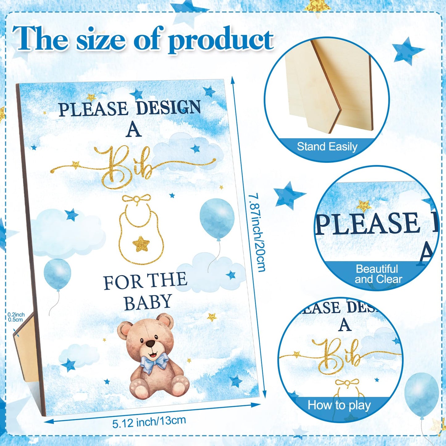Panitay 100 Pcs Diy Baby Bibs Decorating Kit 50 White Bibs 25 Stencils 24 Fabric Markers 1 Baby Shower Game Sign(Blue Bear)