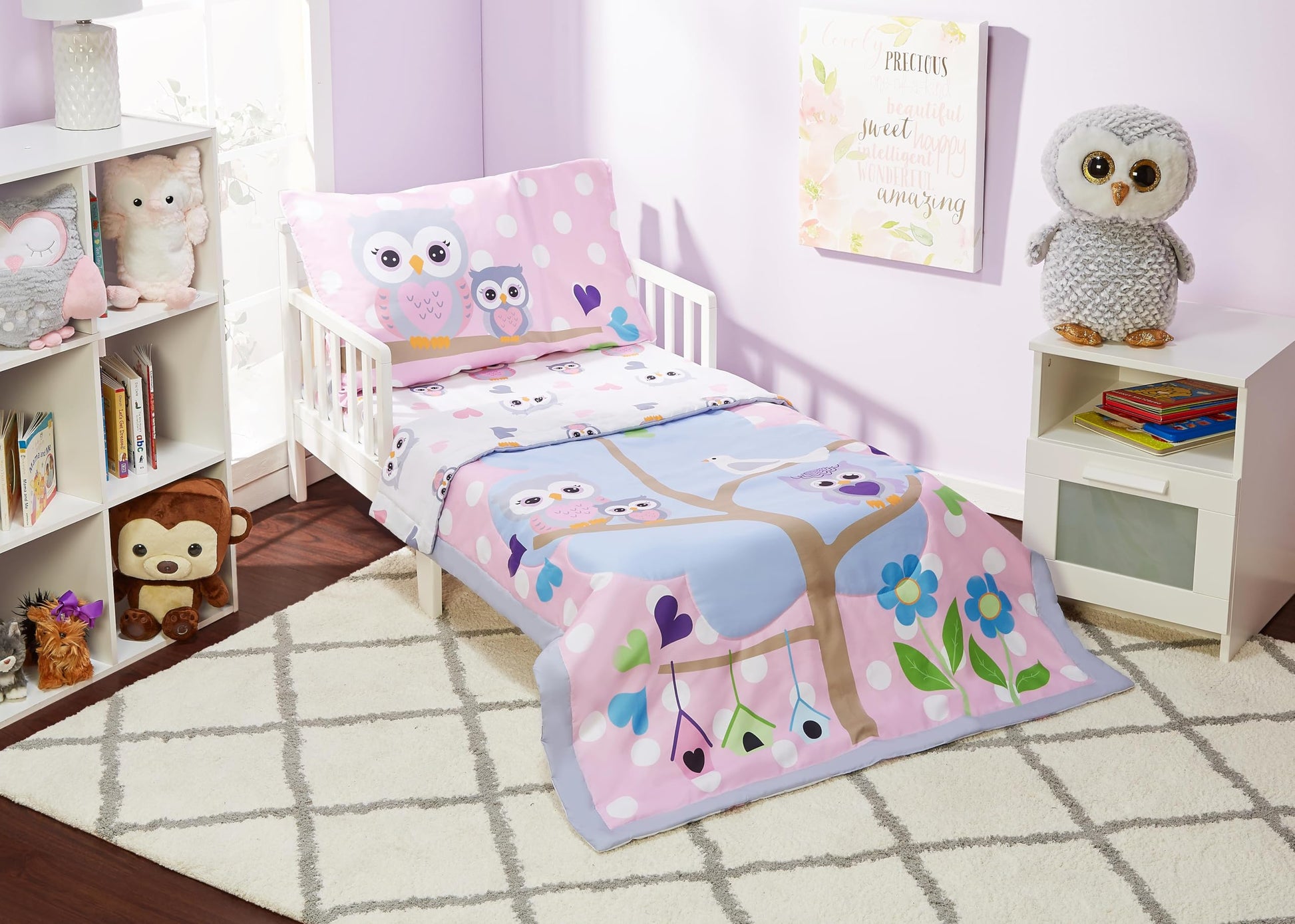 Everyday Kids 4 Piece Toddler Bedding Set - Owls - Soft 100% Cotton Percale - Includes Comforter, Flat Sheet, Fitted Sheet And R