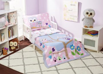 Everyday Kids 4 Piece Toddler Bedding Set - Owls - Soft 100% Cotton Percale - Includes Comforter, Flat Sheet, Fitted Sheet And R