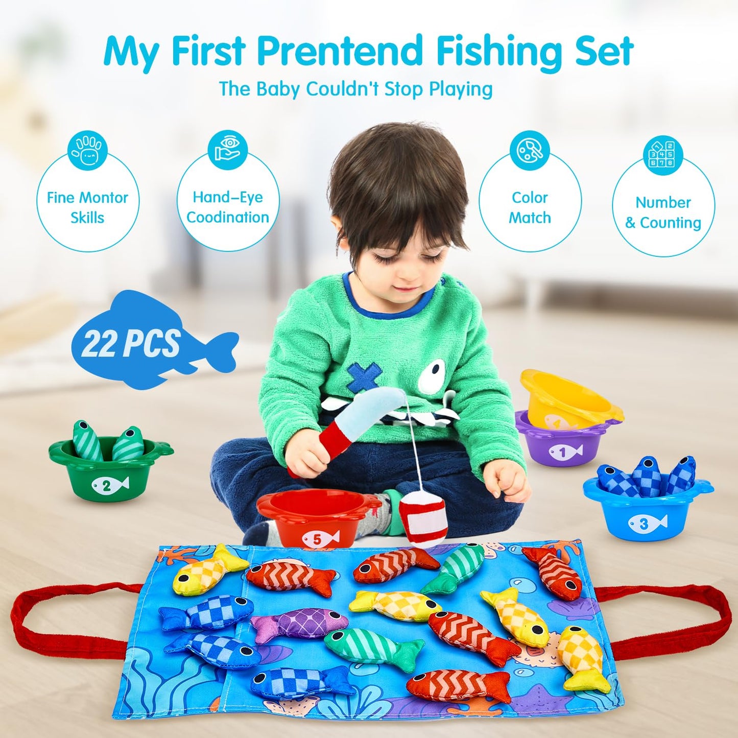 Gacoman Montessori Toys for 1 Year Old Boy Girl Birthday Gift- Cloth Fishing Game for Toddler1-3 for Grandkids with Stacking Cup