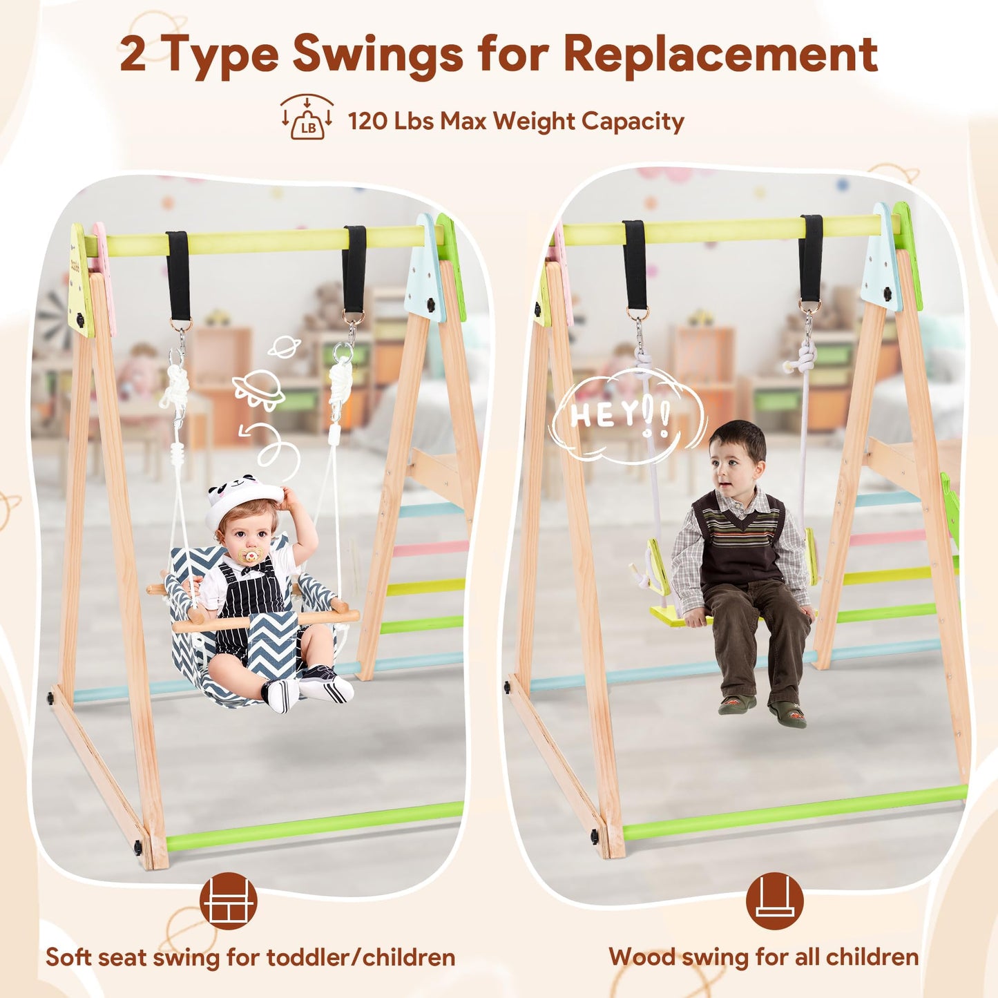 Cozibb 7 In 1 Indoor Jungle Gym For Kids, Foldable Toddler Indoor Playground With Slide, Beechwood & Baby Swing, Climbing Wall &