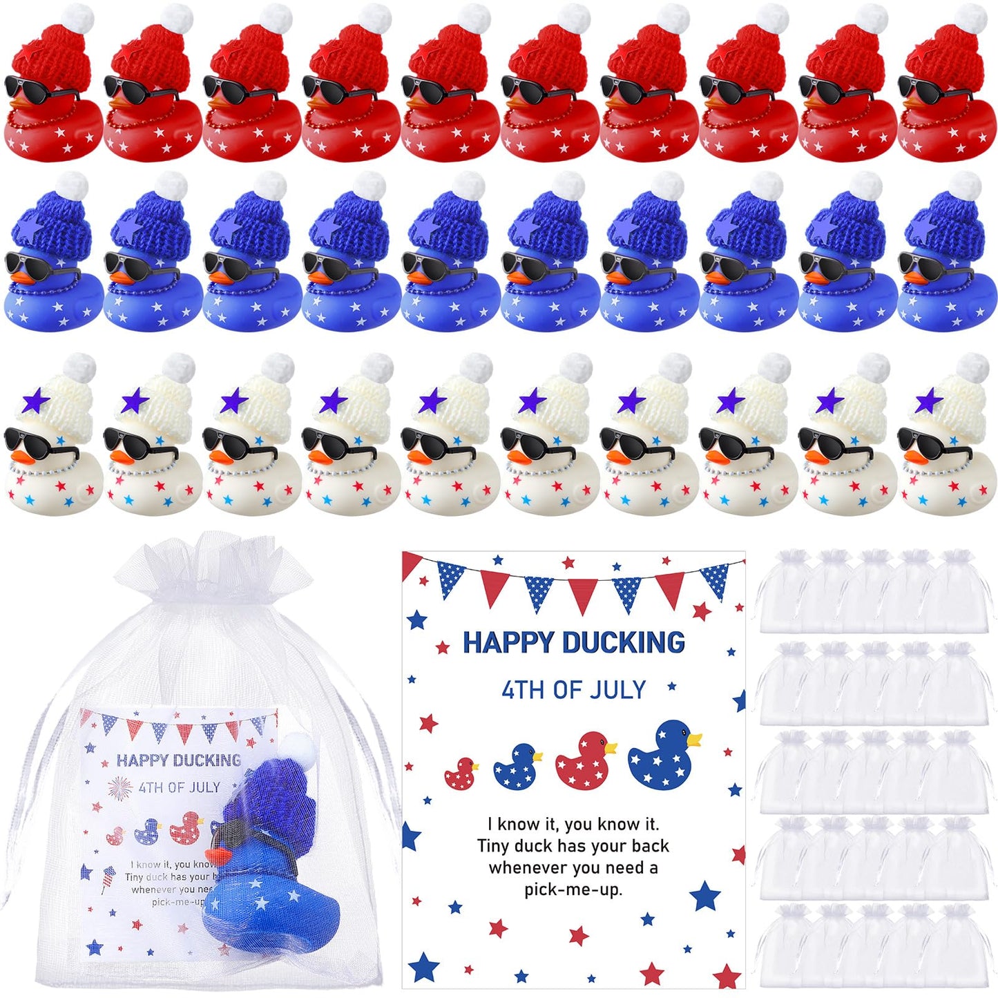 Lunmon 200 Pcs 4th of July Party Favor 50 Pcs Red White Blue Patriotic Rubber Duck 2 Inch Sunglass Independence Day Duck for Bat