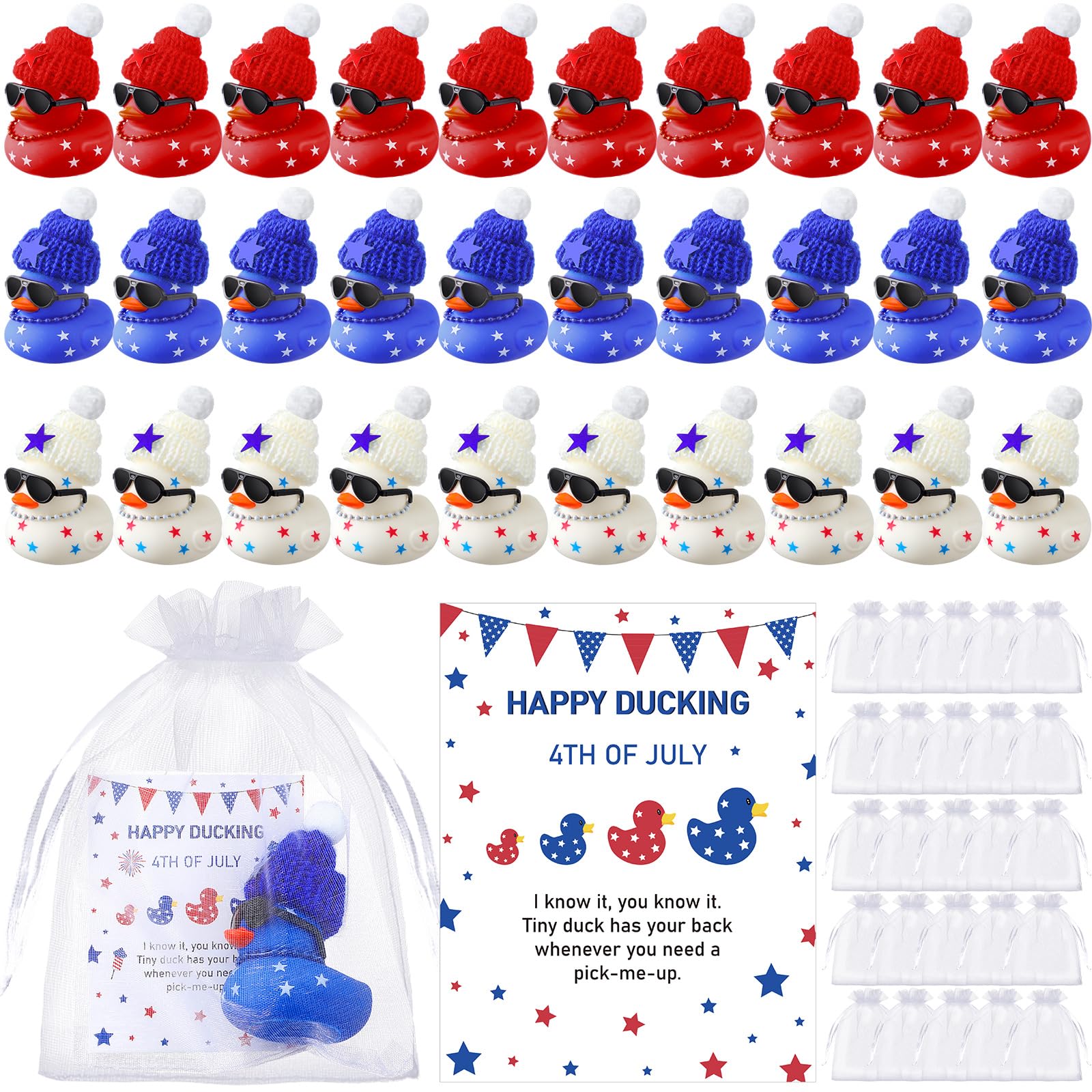 Lunmon 200 Pcs 4th of July Party Favor 50 Pcs Red White Blue Patriotic Rubber Duck 2 Inch Sunglass Independence Day Duck for Bat