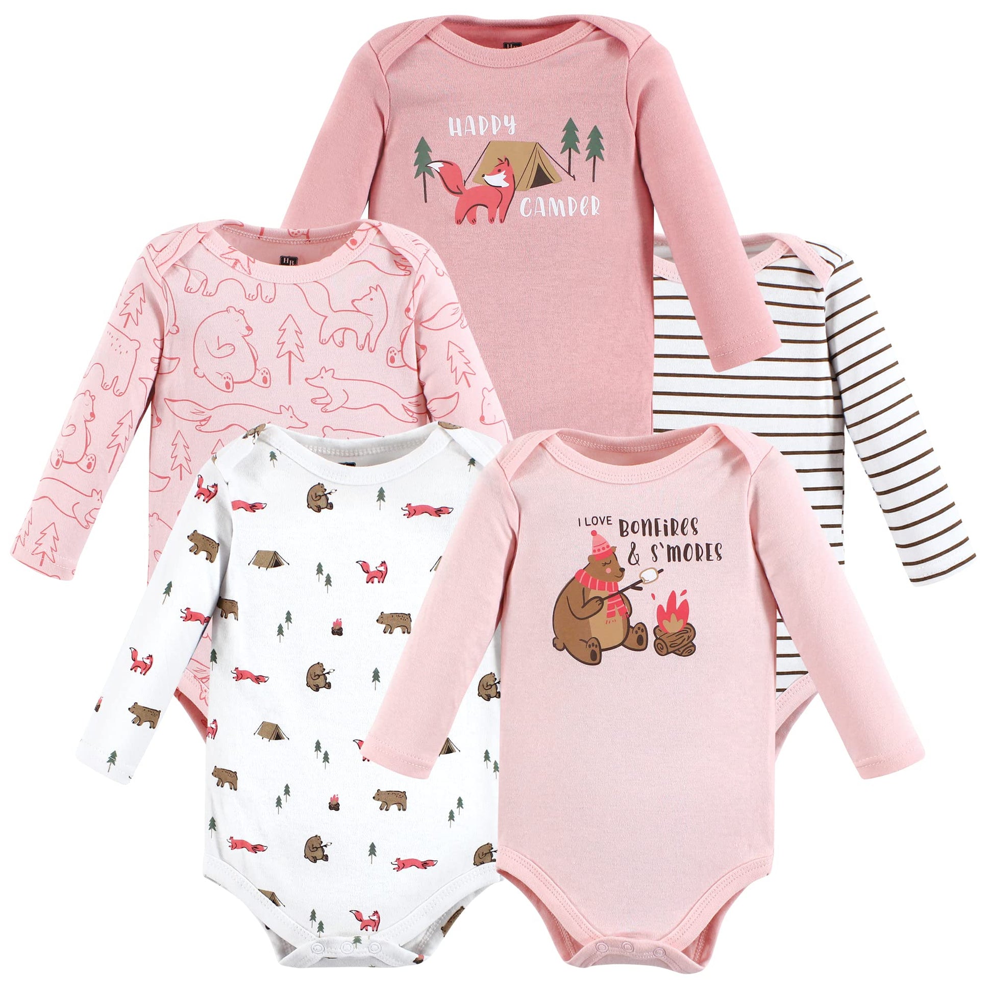 Hudson Baby Unisex Baby Cotton Long-Sleeve Bodysuits, Girl Camping Animals, 0-3 Months