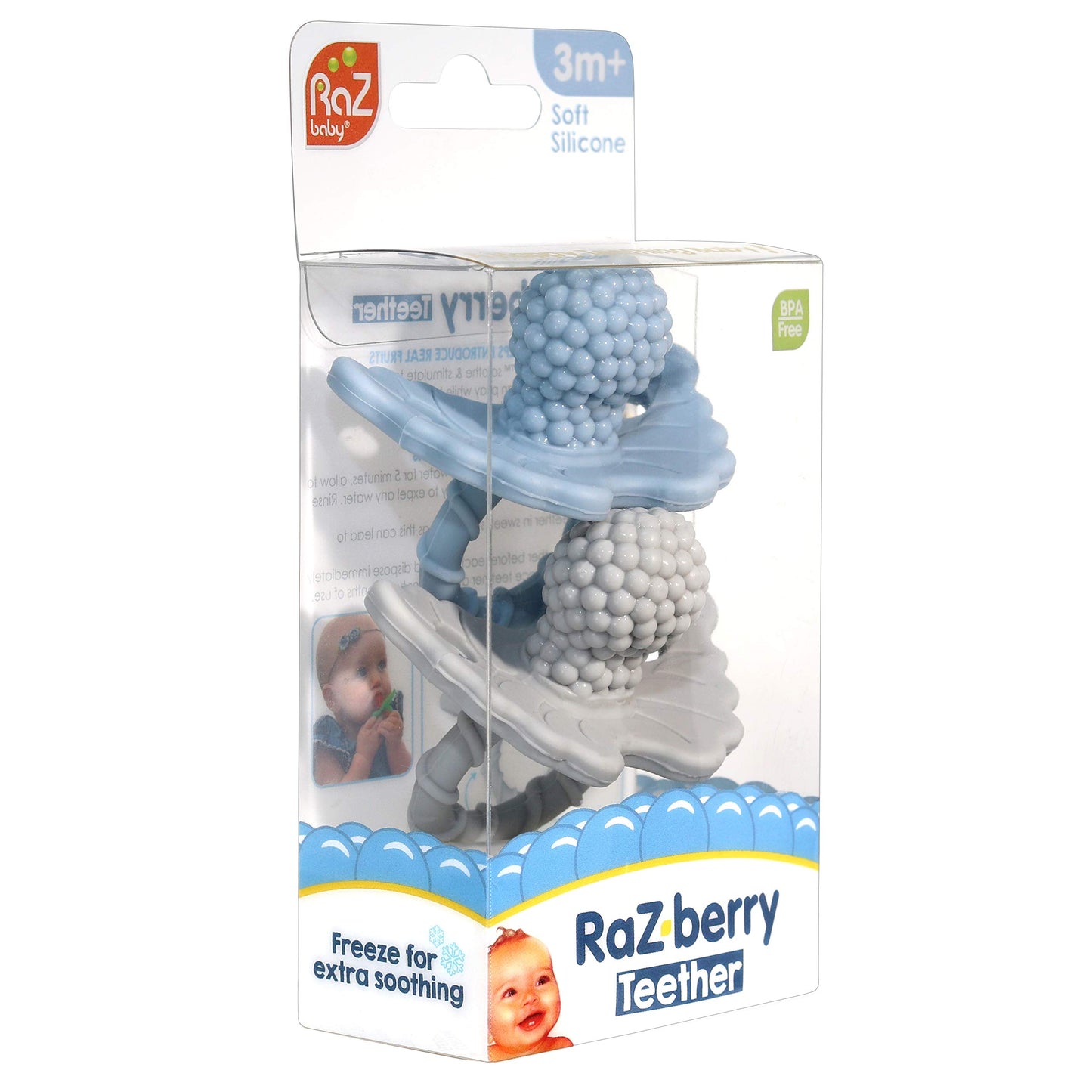 RaZbaby RaZberry Silicone Teether Pacifier - Teething Relief for Infants 3m+, Food-Grade, BPA-Free, Hands-Free, Natural Berrybum