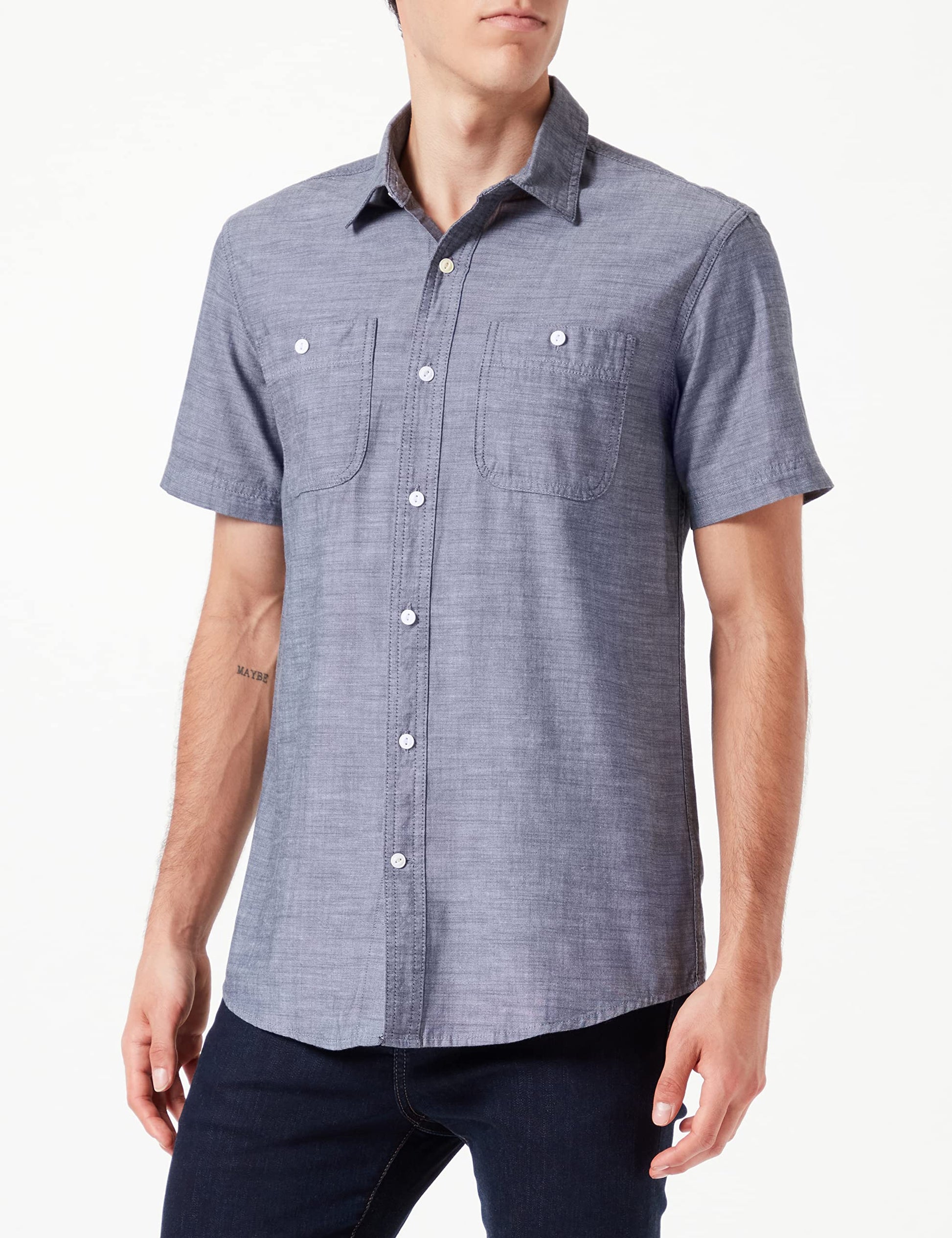 Amazon Essentials Mens Short-Sleeve Chambray Shirt, Grey, X-Large