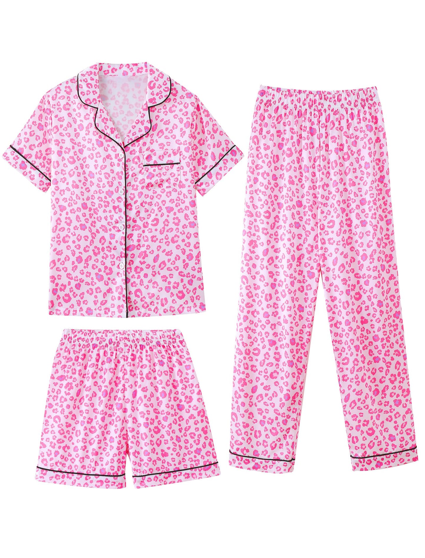 Mikrdoo 3 Piece Girls Silk Satin Pajamas Set Soft Lightweight Button Down Pjs Sleepwear for Kids Size 616 Years, Pink Leopard, 