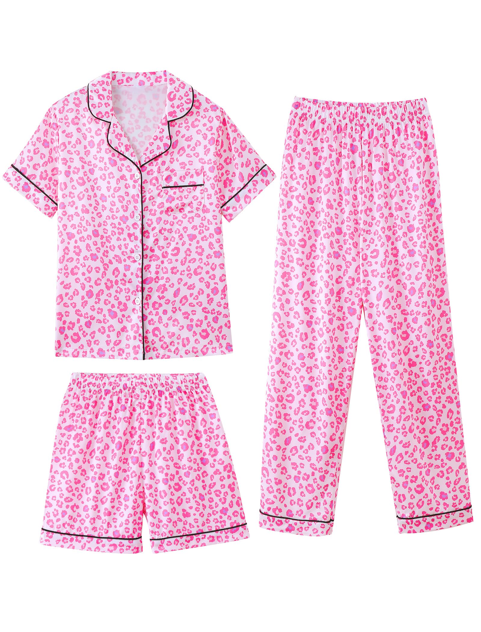 Mikrdoo 3 Piece Girls Silk Satin Pajamas Set Soft Lightweight Button Down Pjs Sleepwear for Kids Size 616 Years, Pink Leopard, 