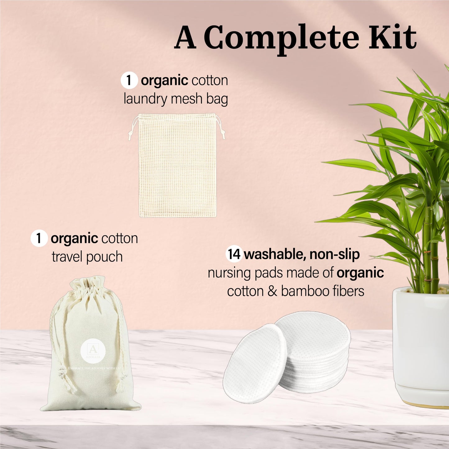 Azollia Non-Slip Nursing Pads, 14 Washable Organic Cotton Leakproof Breast Pads, Reusable, Soft, Absorbent, Dry And Eco-Friendly