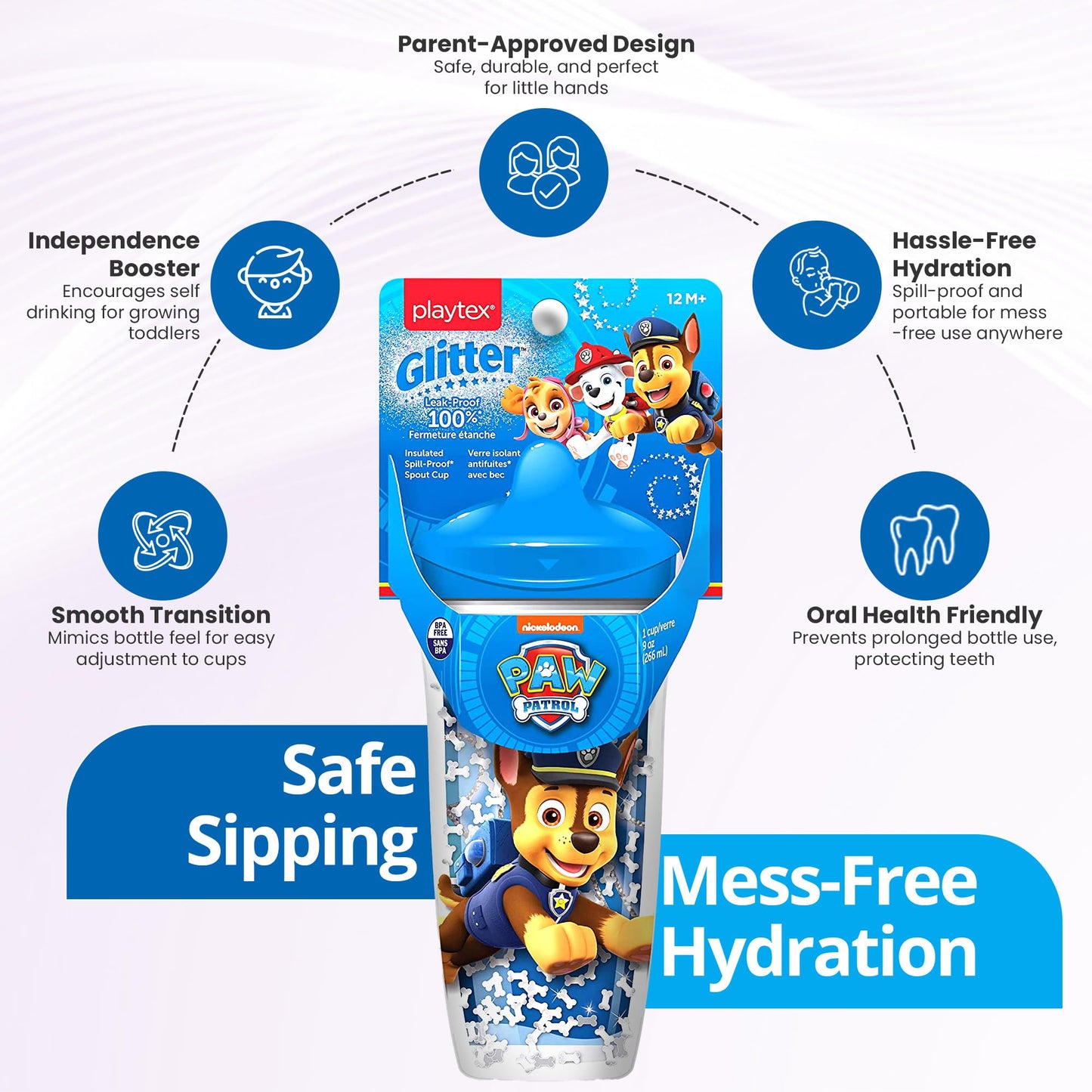 Playtex Baby Sipsters Stage 3 Paw Patrol Spout Cups, Spill-Proof, Leak-Proof, Break-Proof - Pink & Purple, 9 Oz, 2 Count
