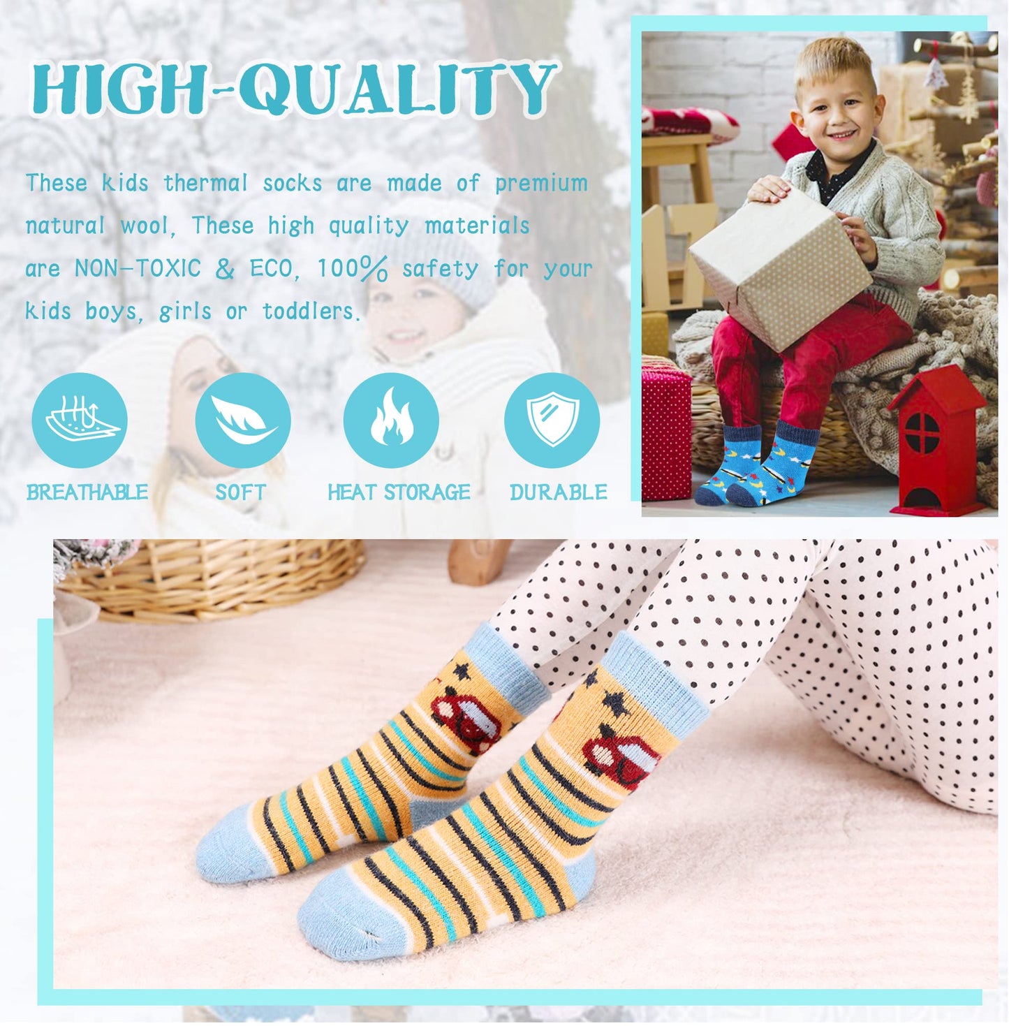 Eocom 6 Pairs Children'S Winter Warm Wool Animal Crew Socks Kids Boys Girls Socks (Car, 4-7X)