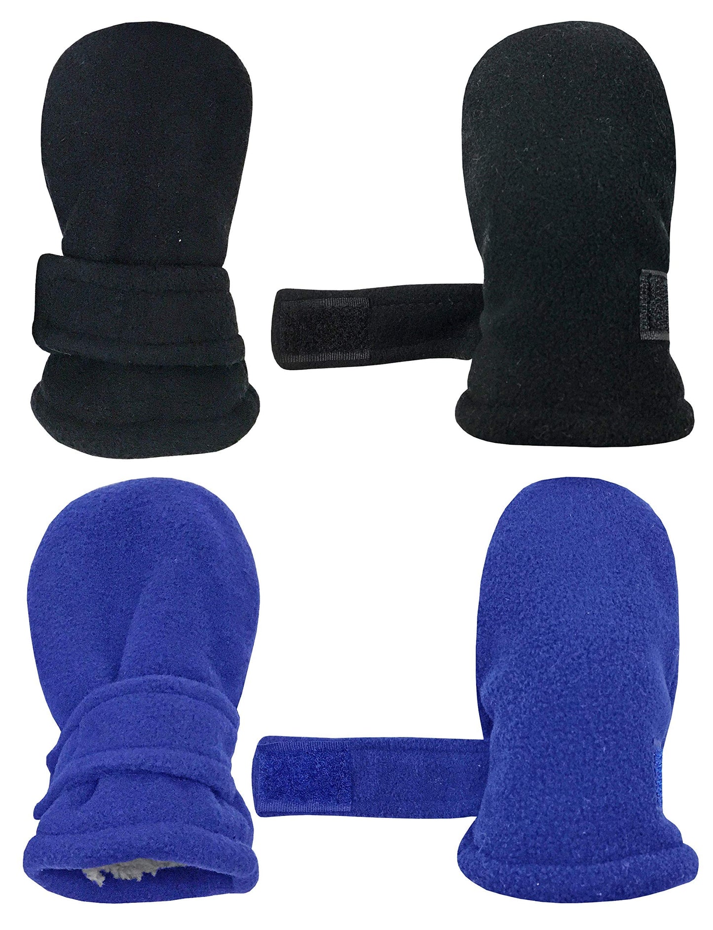N'Ice Caps Little Kids And Baby Easy-On Sherpa Lined Fleece Mittens - 2 Pair Pack (Royal/Black Pack - Infant No Thumbs, 6-18 Mon