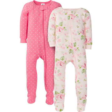 Gerber Baby Girls' 2-Pack Footed Pajamas, Pink Rose, 6 Months