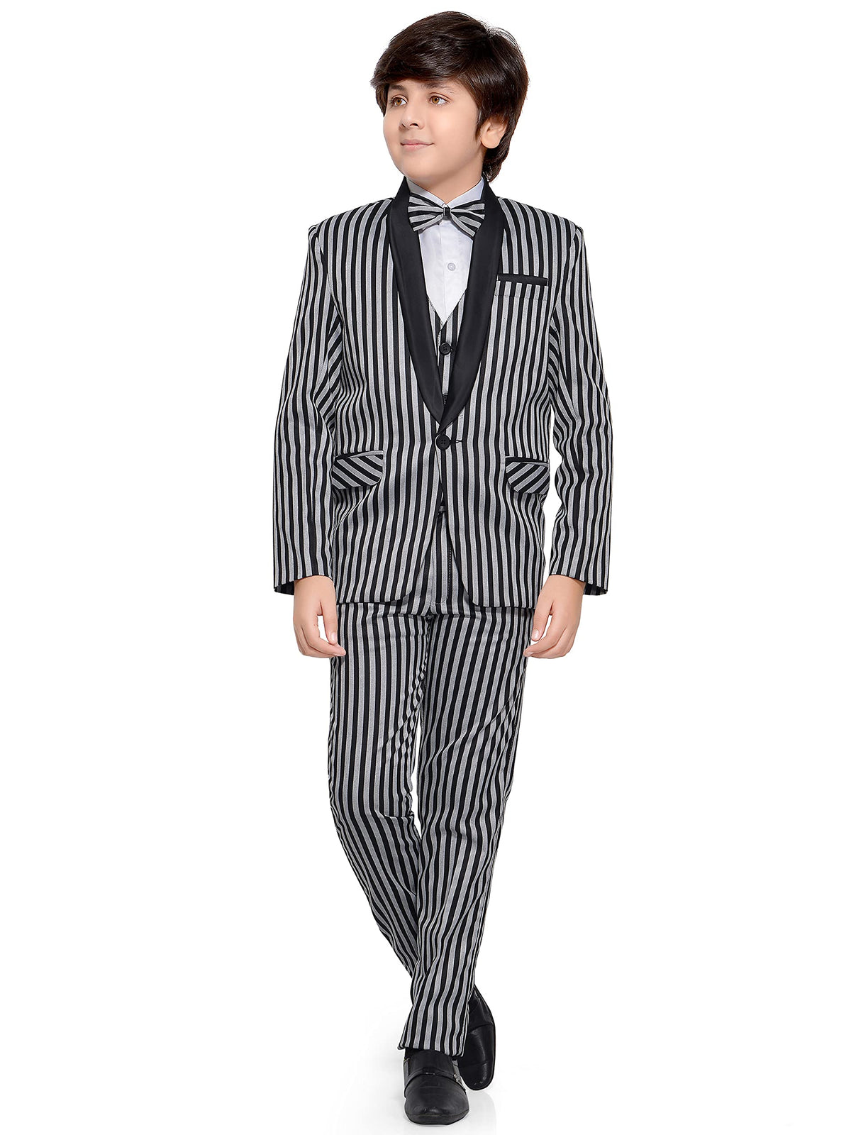 Jeetethnics Boys Black Striped Coat Suit Set With Waistcoat Shirt And Trousers (9080Q)