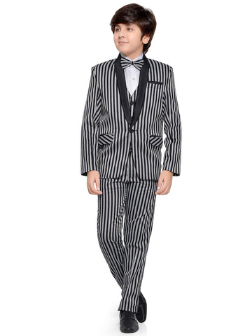 Jeetethnics Boys Black Striped Coat Suit Set With Waistcoat Shirt And Trousers (9080Q)