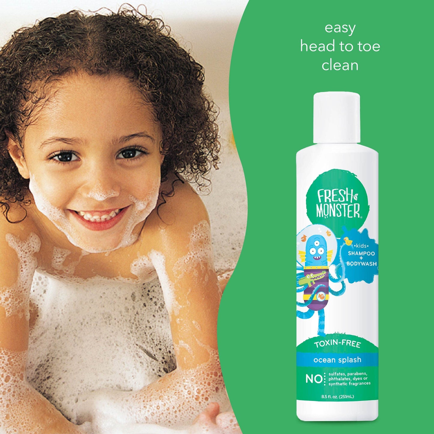 Fresh Monster 2-In-1 Kids Shampoo & Body Wash, Toxin-Free, Hypoallergenic, Natural Shampoo & Body Wash For Kids, Ocean Splash (8