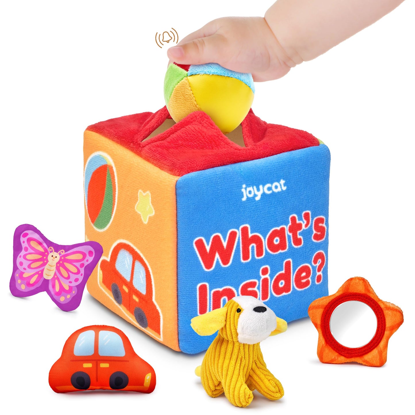 JoyCat Whats Inside Box - Mystery Soft Box with 5 Sensory Objects, Rattle, Crinkle Paper, Mirror - Baby Toys 6-12 Months, Soft 