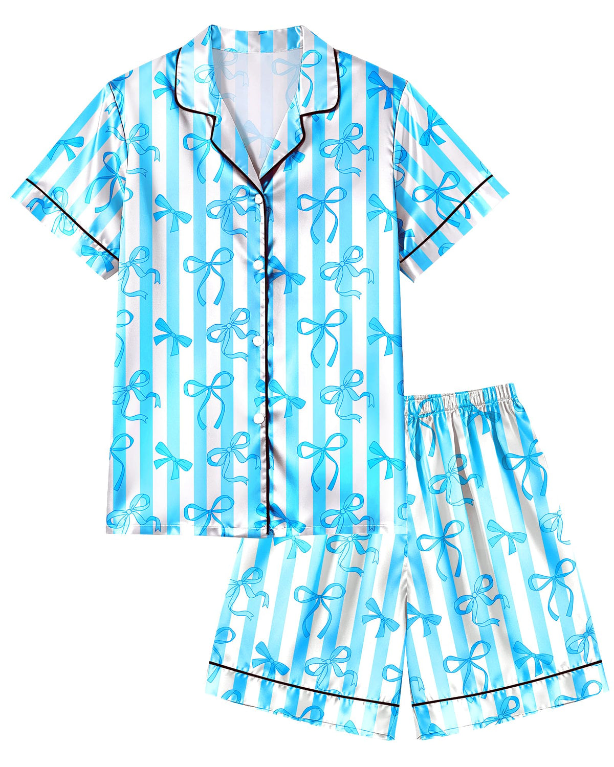 Sylfairy Girls Pajamas Silk PJS Set Bow Satin Sleepwear Short Sleeve Jammies for Kids ButtonDown Nightwear size 78 1012, Blue