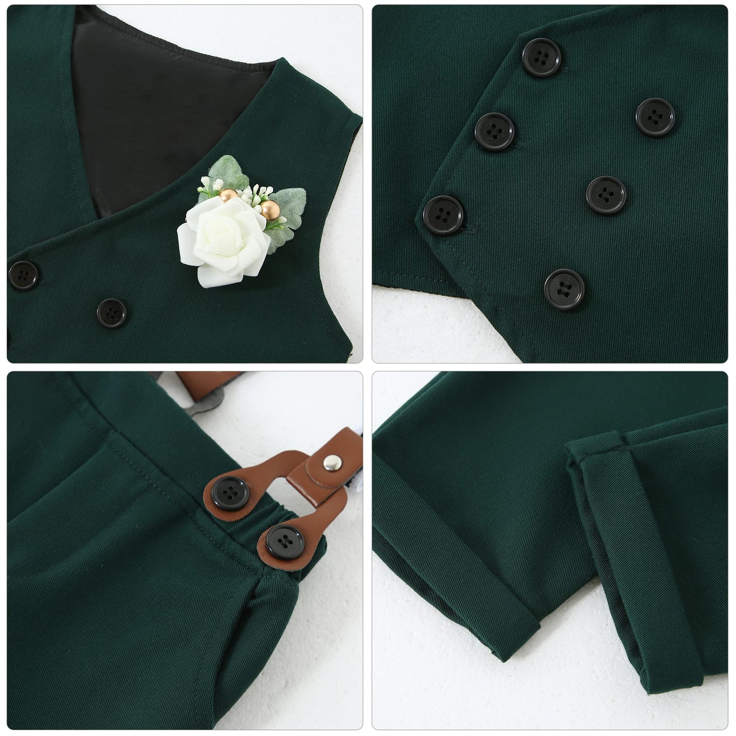 Yallet Toddler Baby Boy Clothes Suit Gentleman Wedding Outfits, Formal Dress Shirt+Bowtie+Vest+Boutonniere+Suspender Pants(V Gre