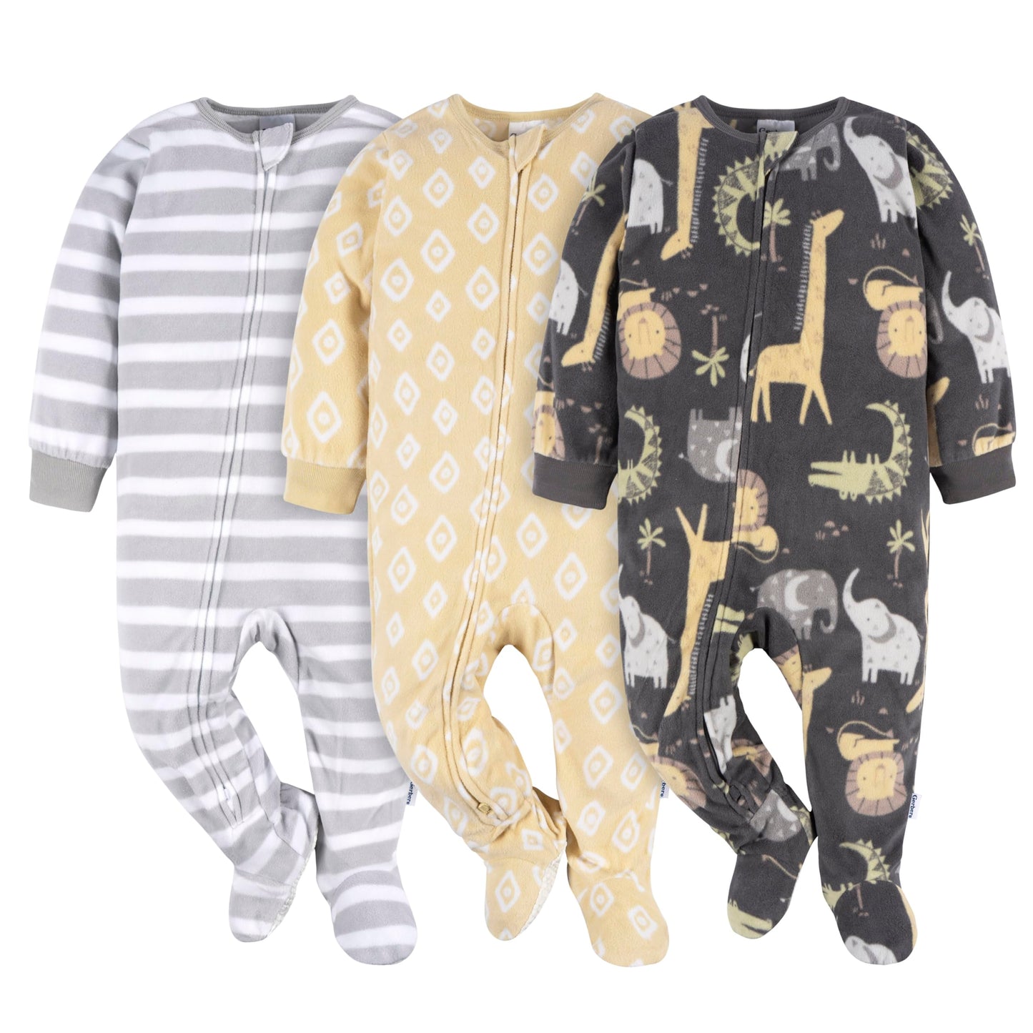 Gerber Unisex Baby Toddler Fleece Footed Pajamas 3-Pack, Safari, 3-6 Months