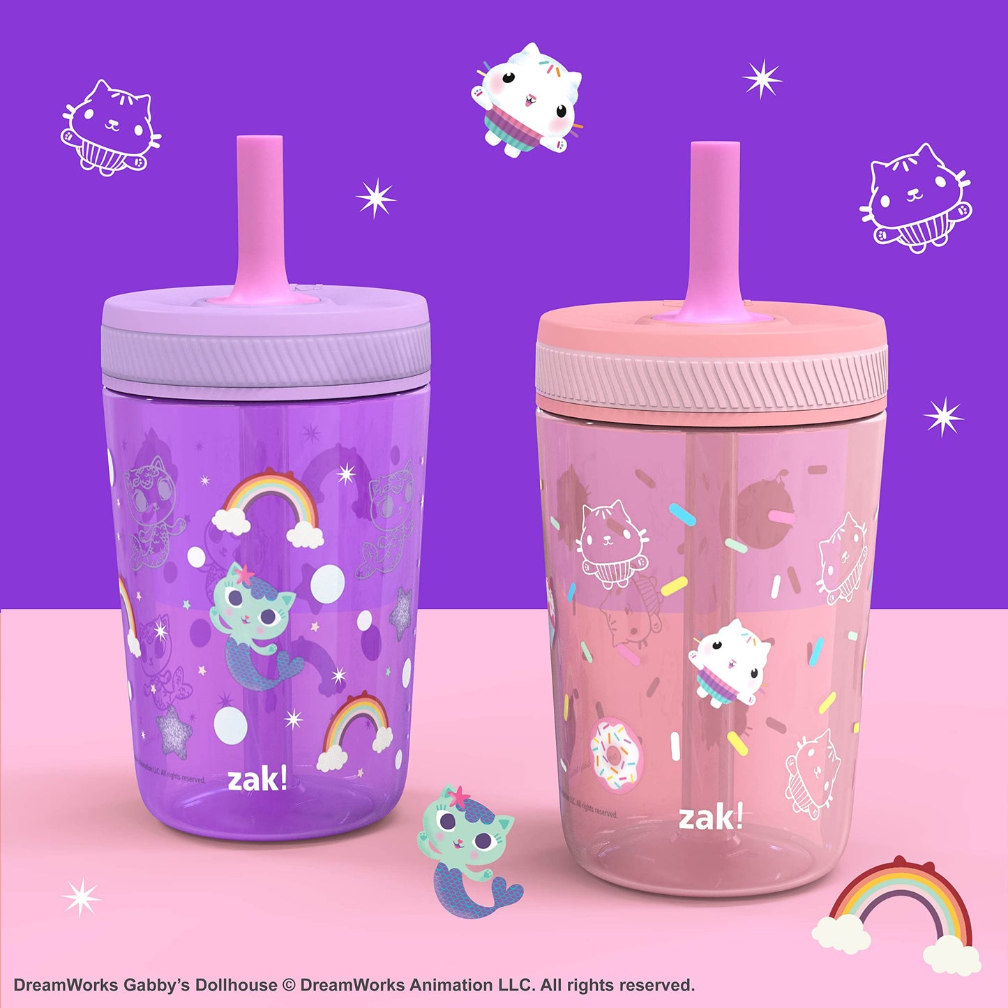 Zak Designs Gabby'S Dollhouse Kelso Toddler Cups For Travel Or At Home, 15Oz 2-Pack Durable Plastic Sippy Cups With Leak-Proof D