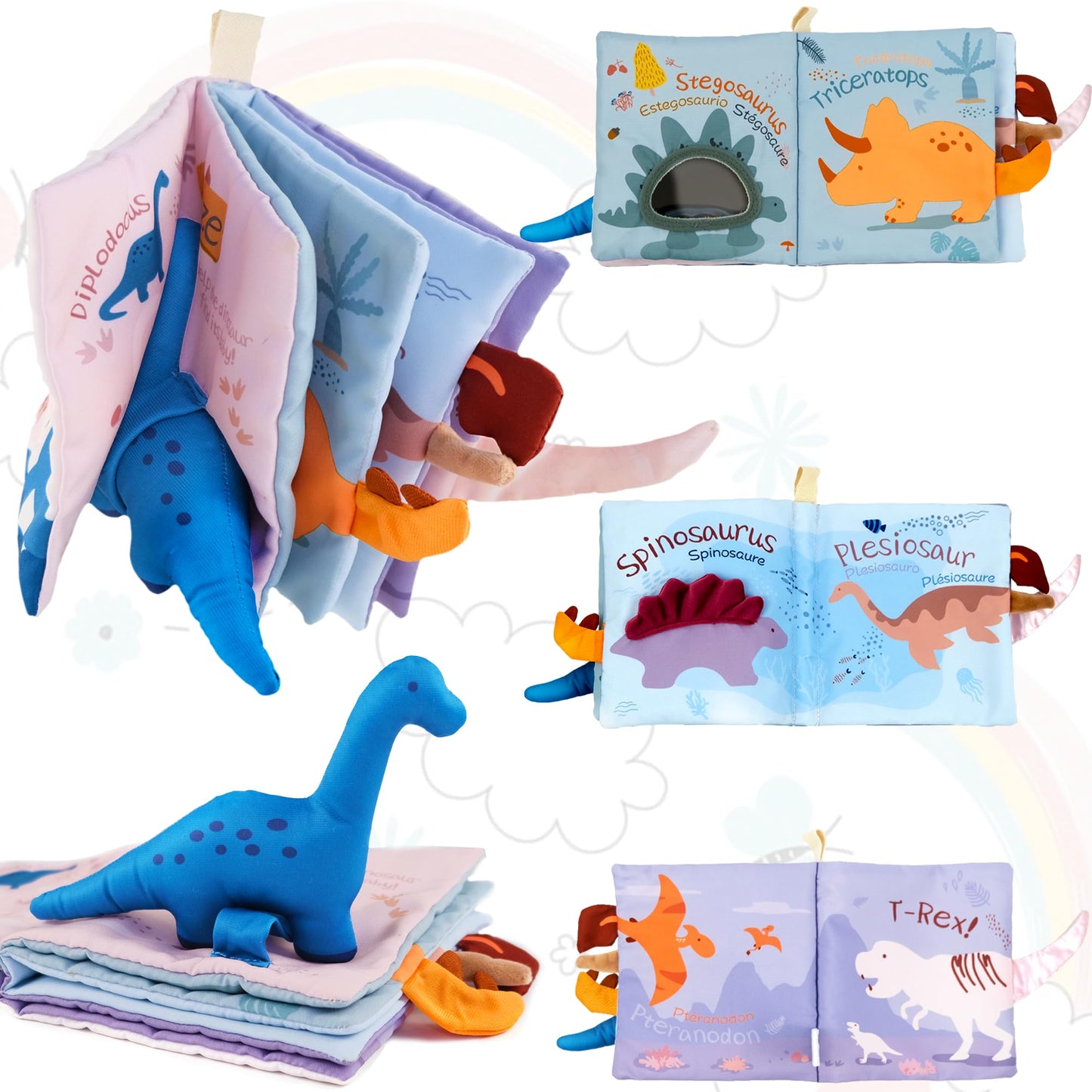 Richgv Baby Books Toys 0-6-12 Months, Baby Boy Girl Gifts Toys 0-6-12 Touch and Feel 3D Books with Dino Doll, Newborn Infant Car