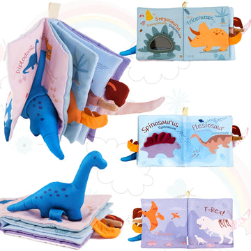 Richgv Baby Books Toys 0-6-12 Months, Baby Boy Girl Gifts Toys 0-6-12 Touch and Feel 3D Books with Dino Doll, Newborn Infant Car