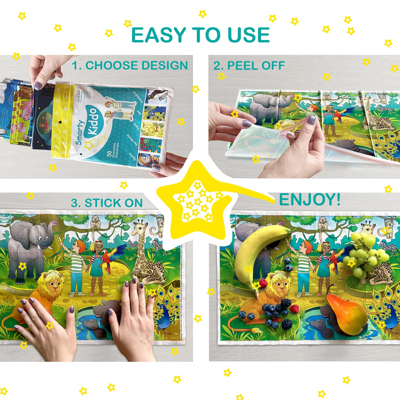 Smarty Kiddo 50 Pack Disposable Stick-On Placemats For Baby, 5 Designs Individually Folded - Farm, Sea World, Zoo, Antarctica &