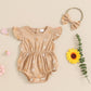 Fomoyuu Newborn Baby Girls Daisy Printed Clothes Pleated Ruffled Sleeve Bubble Romper Cute Summer Outfit With Headband (Khaki, 0