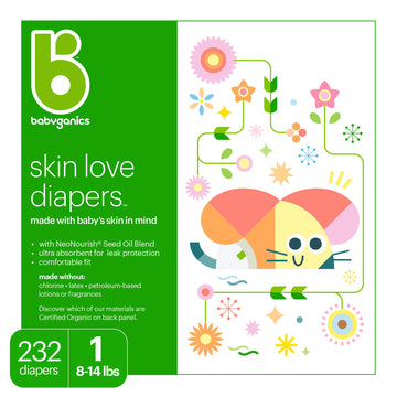 Babyganics Diapers, Size 1 (18-14 Lbs) 232 Count, Ultra Absorbent, Unscented, Made Without Chlorine, Latex